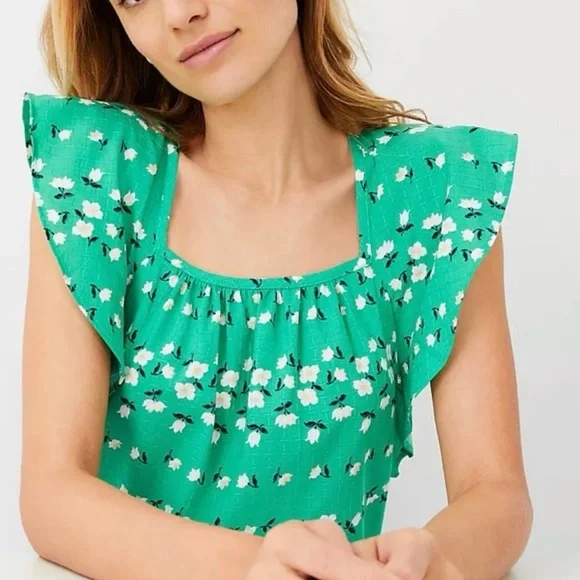 Ann Taylor Floral Chain Square Neck Ruffle Sleeve Top Size Mp - Picture 2 of 9